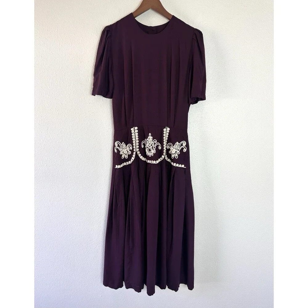 Vintage 80s Plaza South Purple Cottage core Prairie Dress White Lace Detail 10